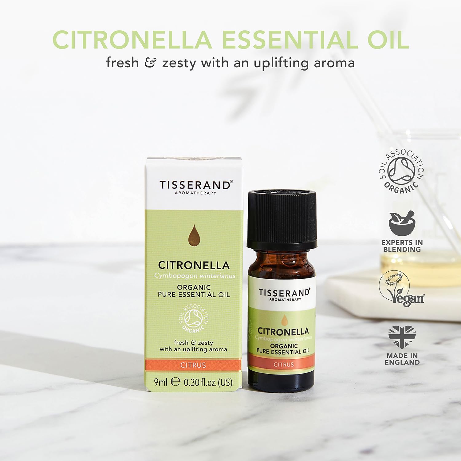 Tisserand Citronella Organic Essential Oil - 9ml | Fresh Citronella Aroma, 100% Natural Pure Essential Oils, Uncompromising Quality, Certified Vegan
