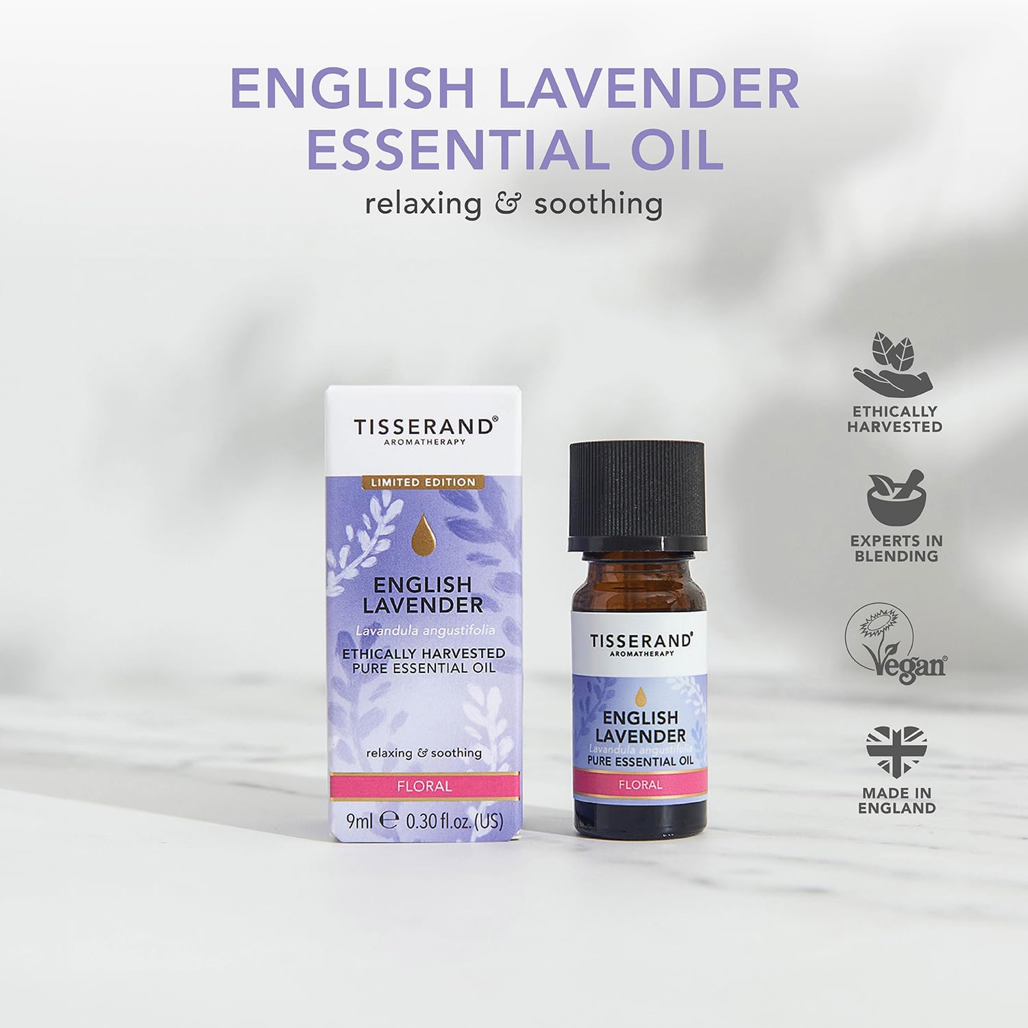 Tisserand English Lavender Ethically Harvested Essential Oil - 9ml | Calming Lavender Aroma, 100% Natural Pure Essential Oils, Uncompromising Quality, Certified Vegan