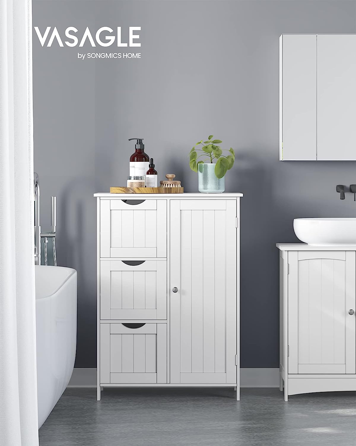 VASAGLE Armario de Bao, Mueble de Bao Estrecho, Cajonera con 3 Cajones, Cómoda de Bao, Armario con Estante Ajustable y Puerta, 30 x 60 x 81 cm