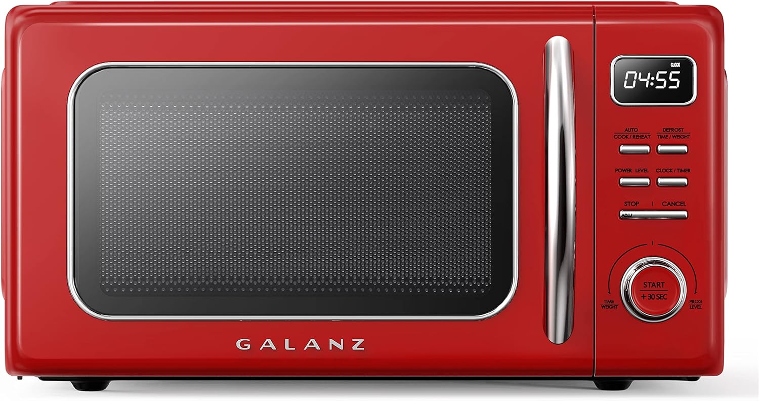 Horno de microondas retro para encimera con cocci&oacute;n autom&aacute;tica y recalentamiento, descongelaci&oacute;n, funciones de inicio r&aacute;pido, f&aacute;cil de limpiar con placa giratoria de vidrio
