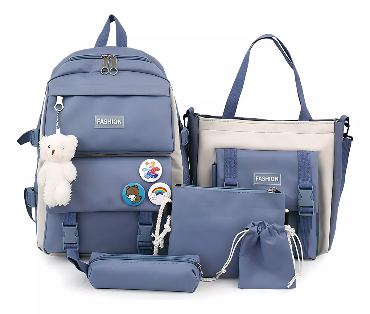 Set 5 Mochila Bolsas Escolar Estudiante Lapicera Tote Lona color Violeta