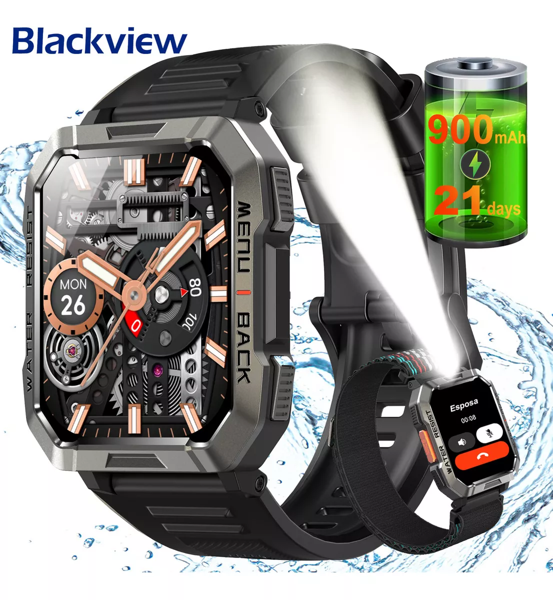 2.1" Blackview Smartwatch Reloj inteligente Bvw60 Smart reloj Hombre Militar Linterna Bluetooth IP68 Resistente Al Agua, 900mah, relojes inteligentes militares, relojes inteligentes con linterna
