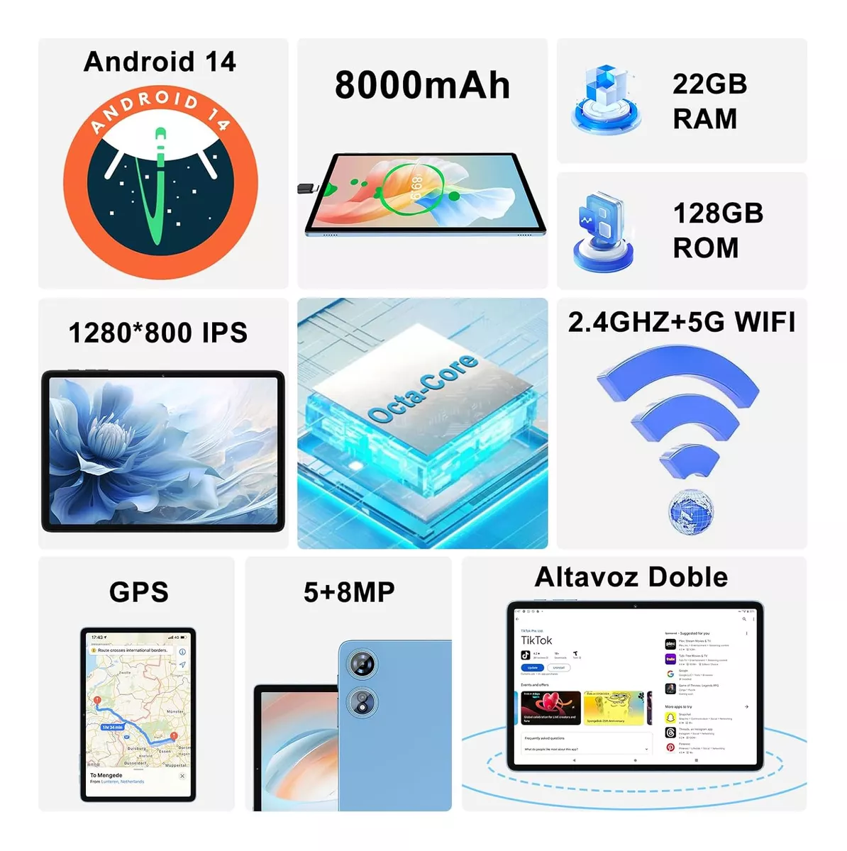 Android 14 Tablets 22gb+128gb Wifi5g Bt5 Tablet Con Teclado