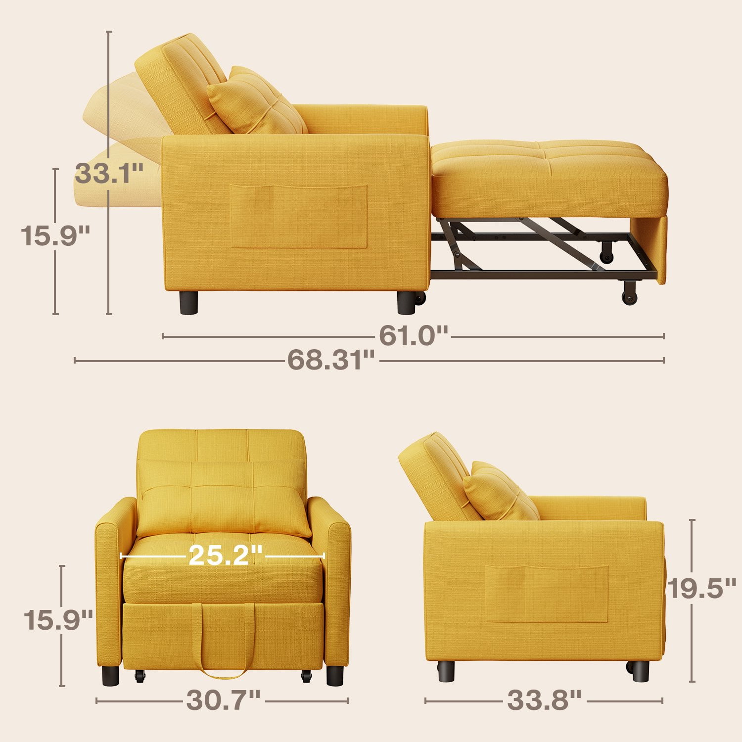 Sofá Cama Silla 3 en 1, Silla Convertible Cama Individual