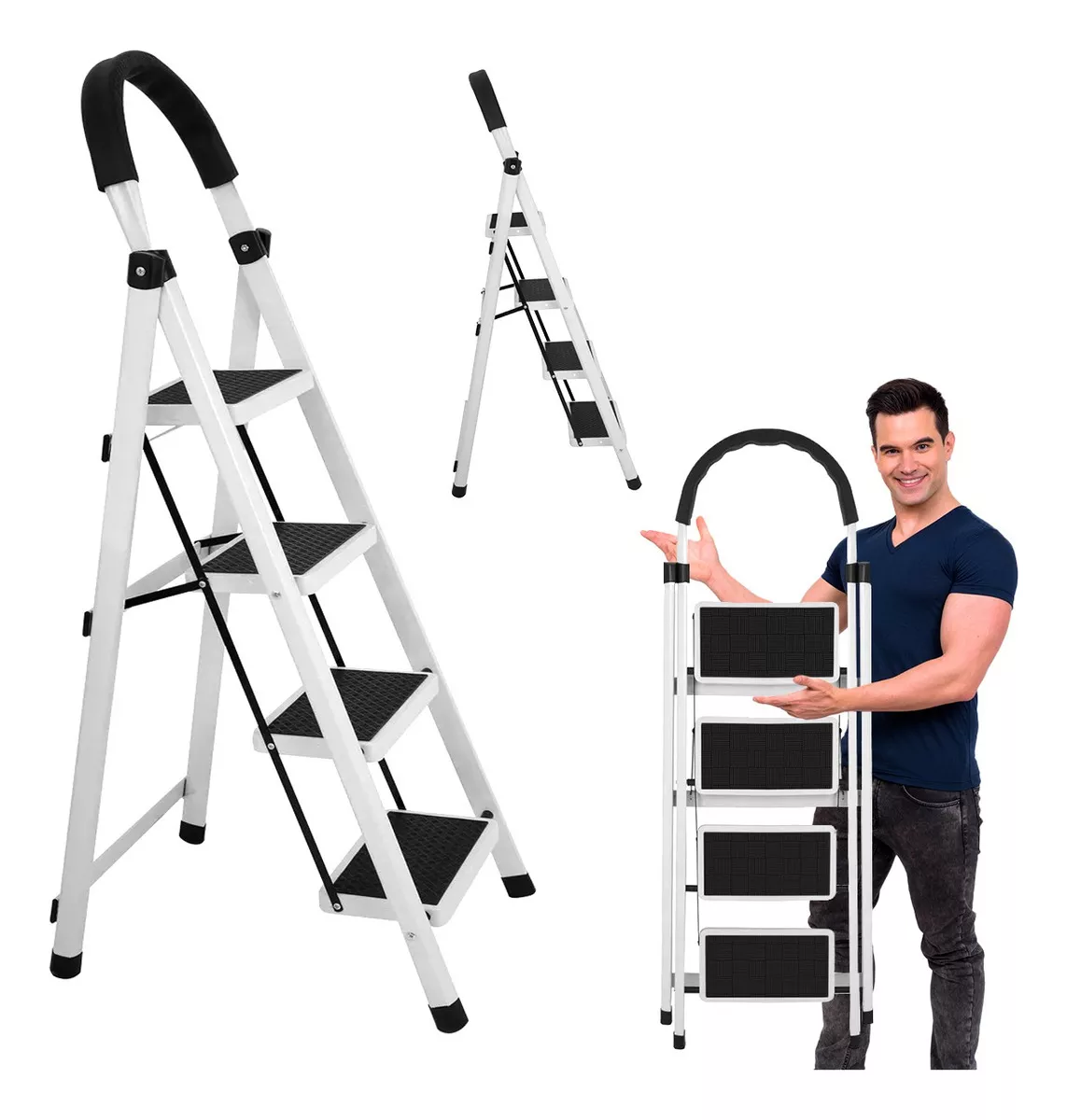 Escalera De Acero Inoxidable Tipo Tijera Plegable 4 Peldaños color Blanco/negro