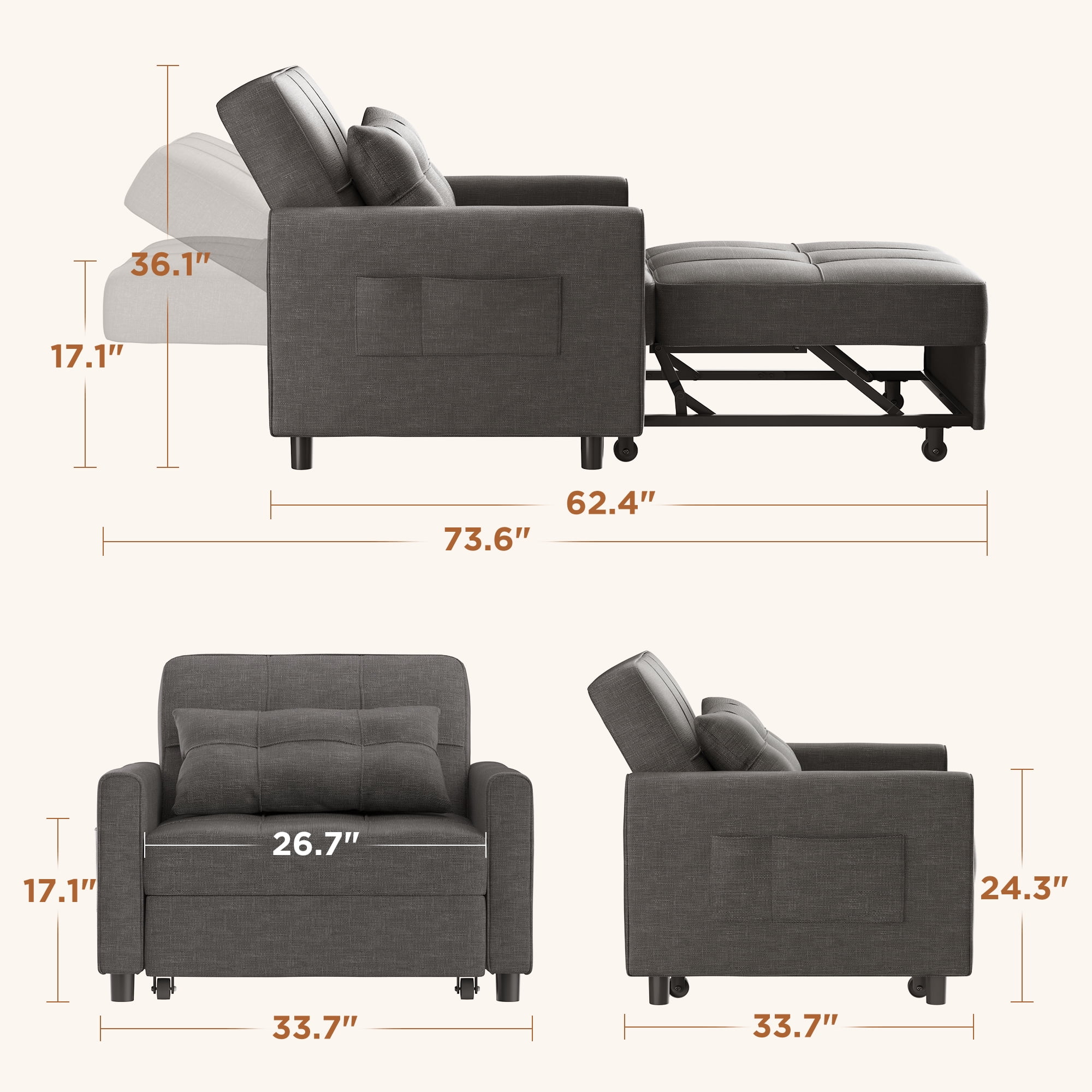 Sofá Cama Silla 3 en 1, Silla Convertible Cama Individual