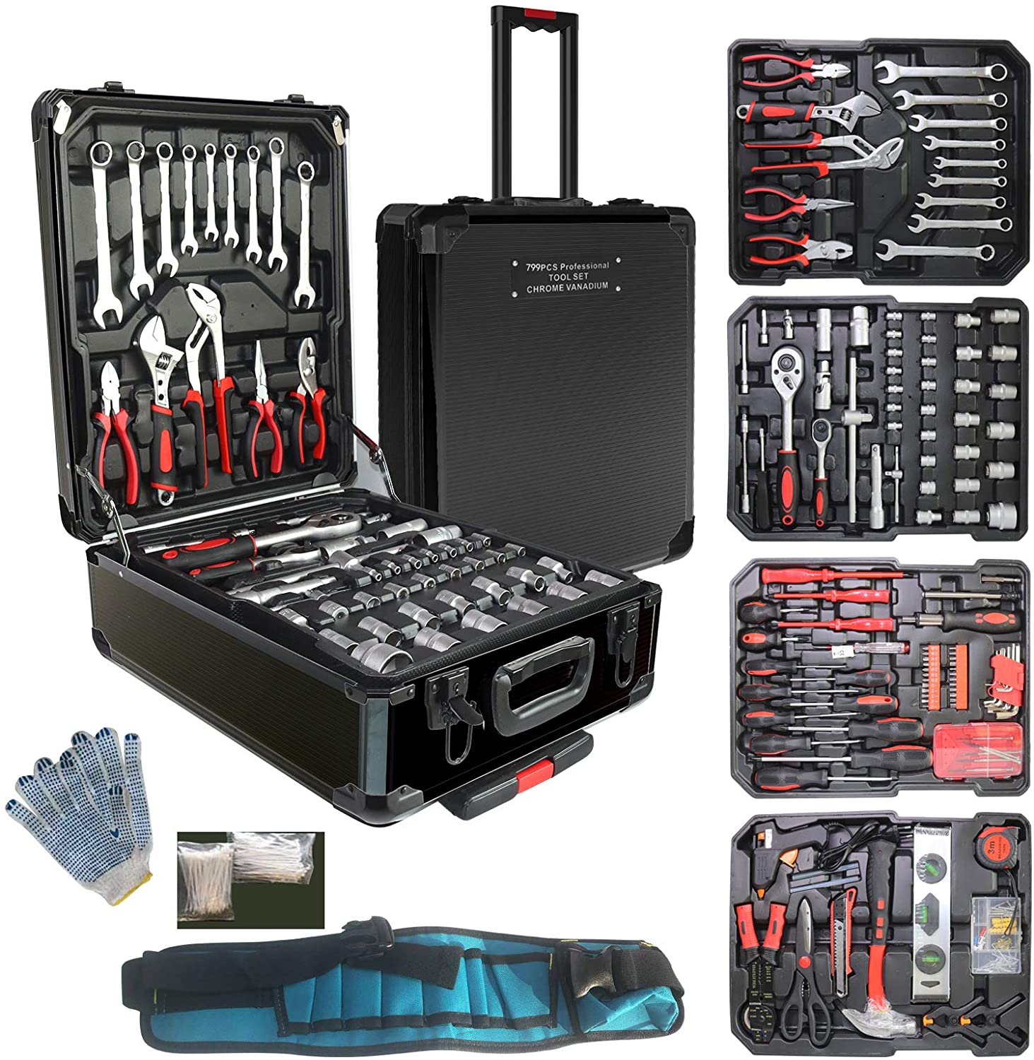 Arcwares Juego de herramientas de aluminio de 799 piezas, color plateado, juego de herramientas de mano para el , con cintur&oacute;n de herramientas, regalo en el d&iacute;a del padre (negro)