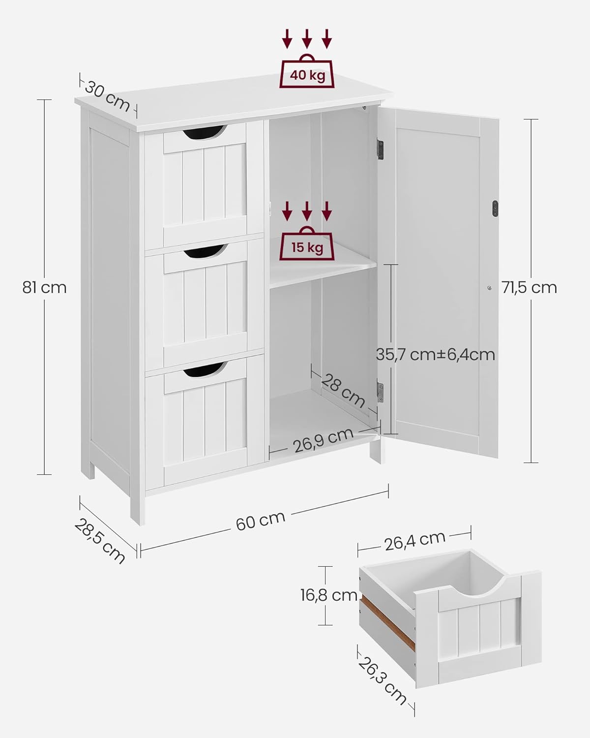 VASAGLE Armario de Bao, Mueble de Bao Estrecho, Cajonera con 3 Cajones, C&oacute;moda de Bao, Armario con Estante Ajustable y Puerta, 30 x 60 x 81 cm