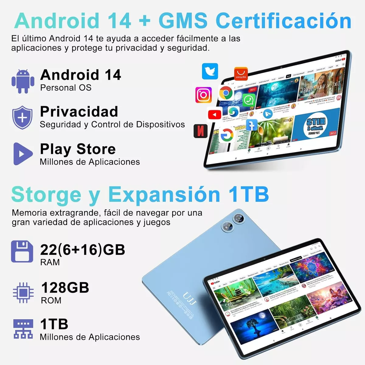 Android 14 Tablets 22gb+128gb Wifi5g Bt5 Tablet Con Teclado