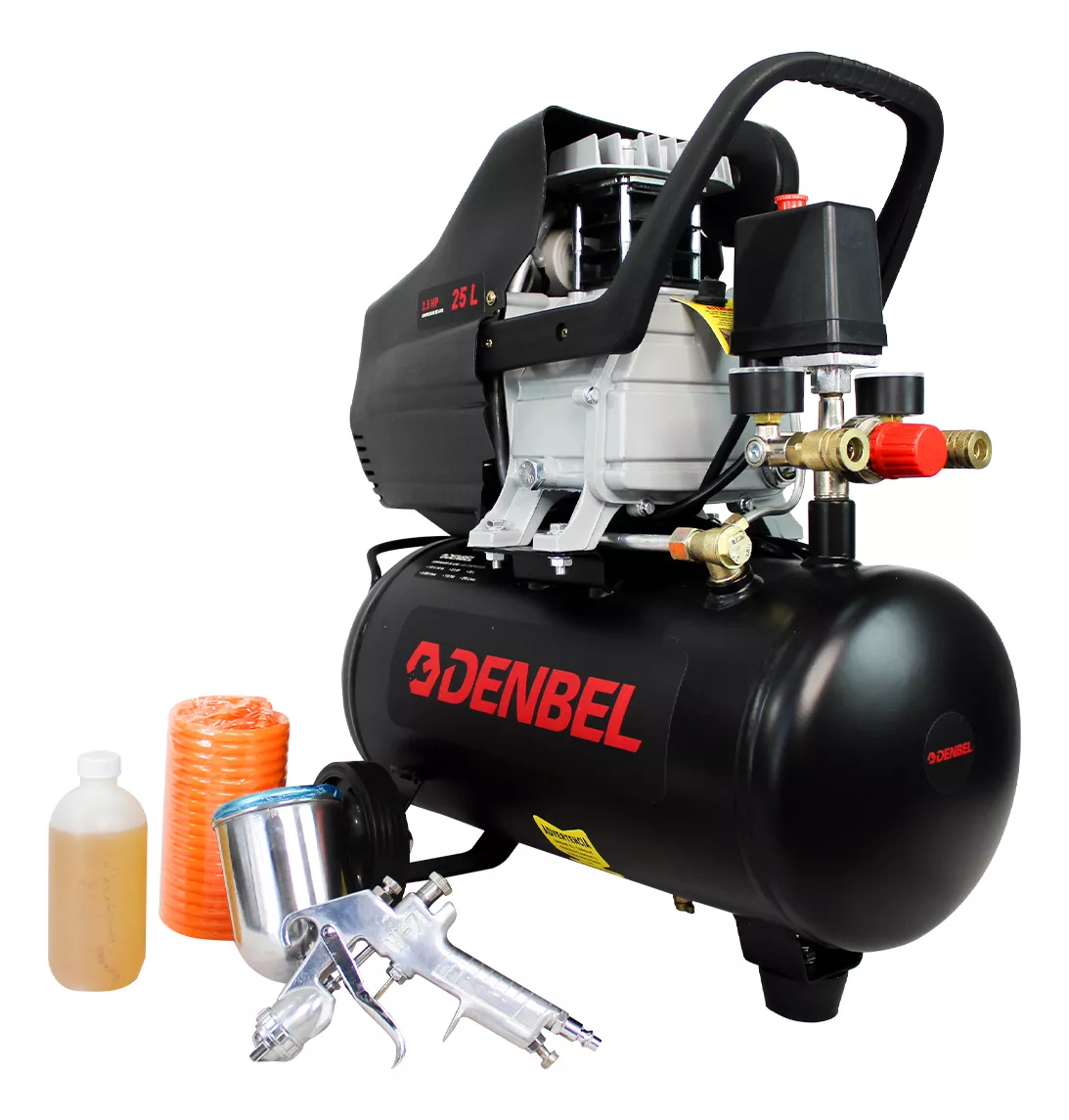 Compresor De Aire Eléctrico 2.5 HP Con Pistola De Gravedad 110v Tanque 25L Doble Salida de Aire color Negro