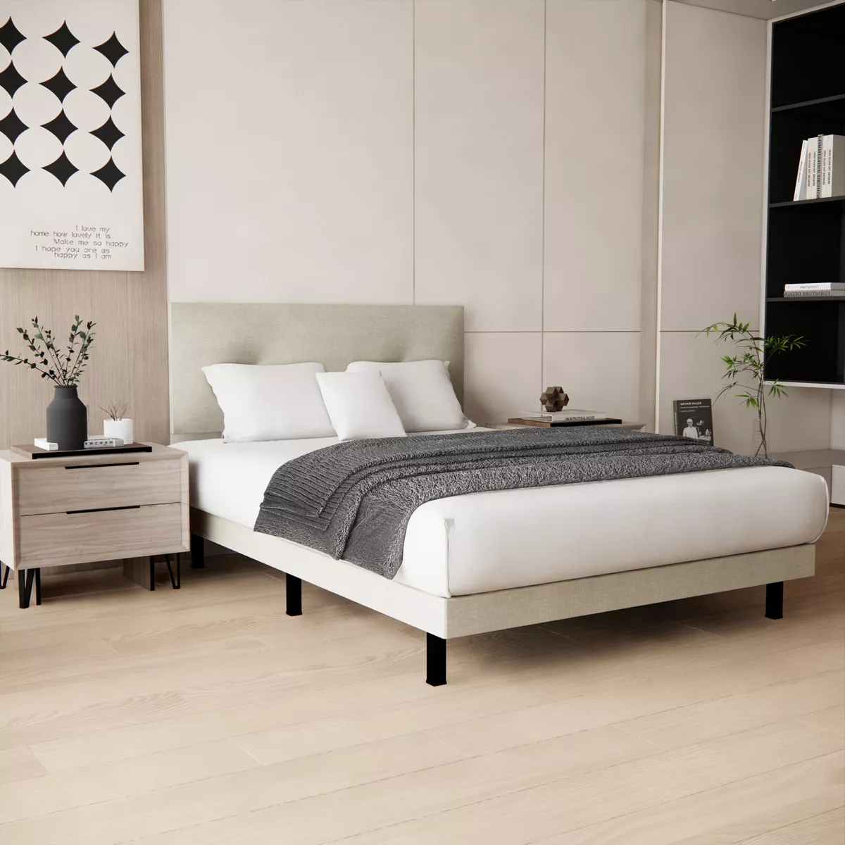 Cama Recamara Cima Urban Individual Madera Tapiz Lino Beige