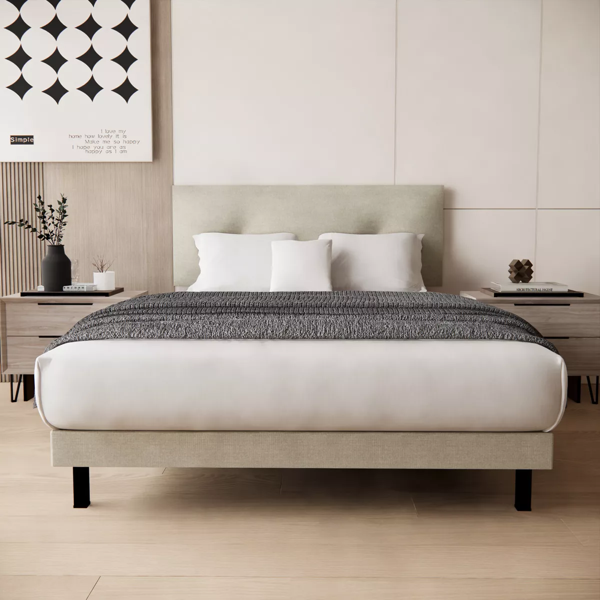 Cama Recamara Cima Urban Individual Madera Tapiz Lino Beige