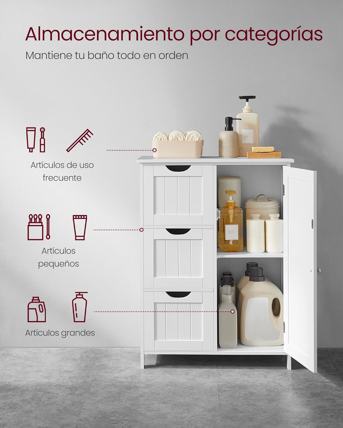VASAGLE Armario de Bao, Mueble de Bao Estrecho, Cajonera con 3 Cajones, Cómoda de Bao, Armario con Estante Ajustable y Puerta, 30 x 60 x 81 cm