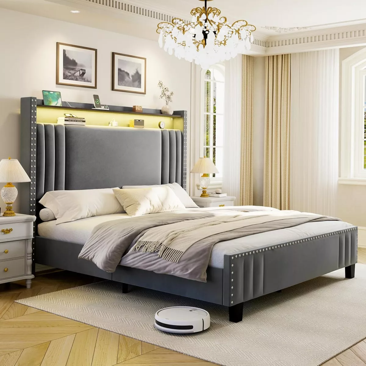 Base Cama De Terciopelo Queen tamaño Con Cabecera Y Luz Led
