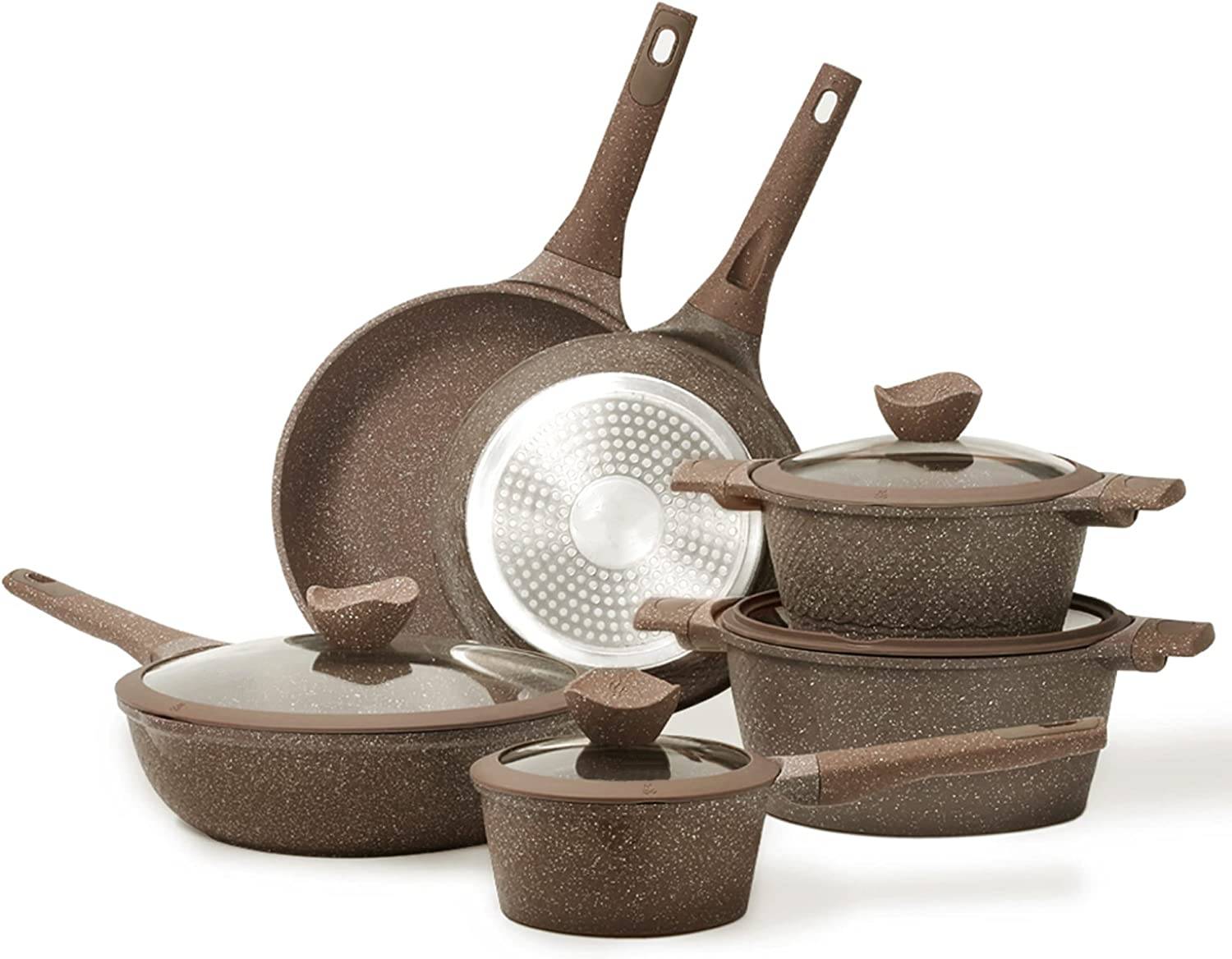 Nonstick Cookware Sets, 10 Pcs Pots y Pans Set Nonstick, Healthy antiadherente Induction Stone Cookware cocina Granite Cooking Set w/Frying Pans & Saucepan, PFOS, PFOA Free (Brown Granite)