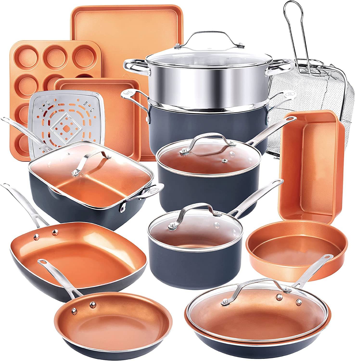 Juego de ollas y sartenes de acero, juego de utensilios de cocina antiadherentes de 20 piezas, juego de cocina antiadherente de larga duraci&oacute;n con juego de sartenes, juego de ollas, juego para hornear, asas que se mantienen frescas, apto para lava...