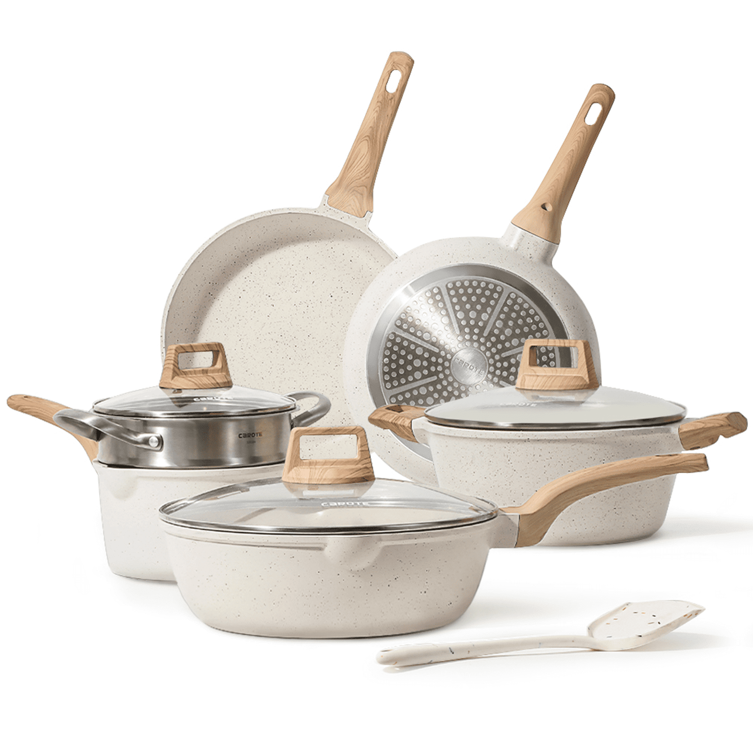 Juego de ollas y sartenes antiadherentes, juegos de utensilios de cocina de inducci&oacute;n de granito blanco de 10 piezas