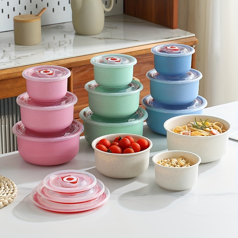 3pcs/set Wheat Straw Fresh Keeping Bowl, Vegetable Fruit Fresh Keeping Box, Dry Food almacenamiento Box, Microwave Heating Round Bento Box, para Teenagers y Workers At School, Canteen, Back School, para Camping Picnic y Beach, cocina Supplies