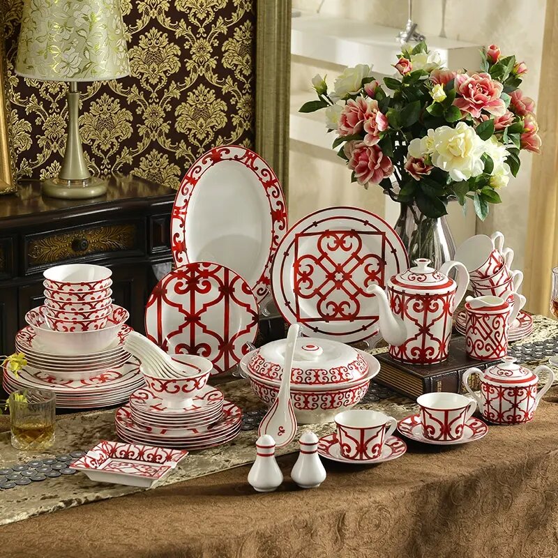 58pcs red window grilles porcelain plates y dishs bowl spoon dinner tableware set