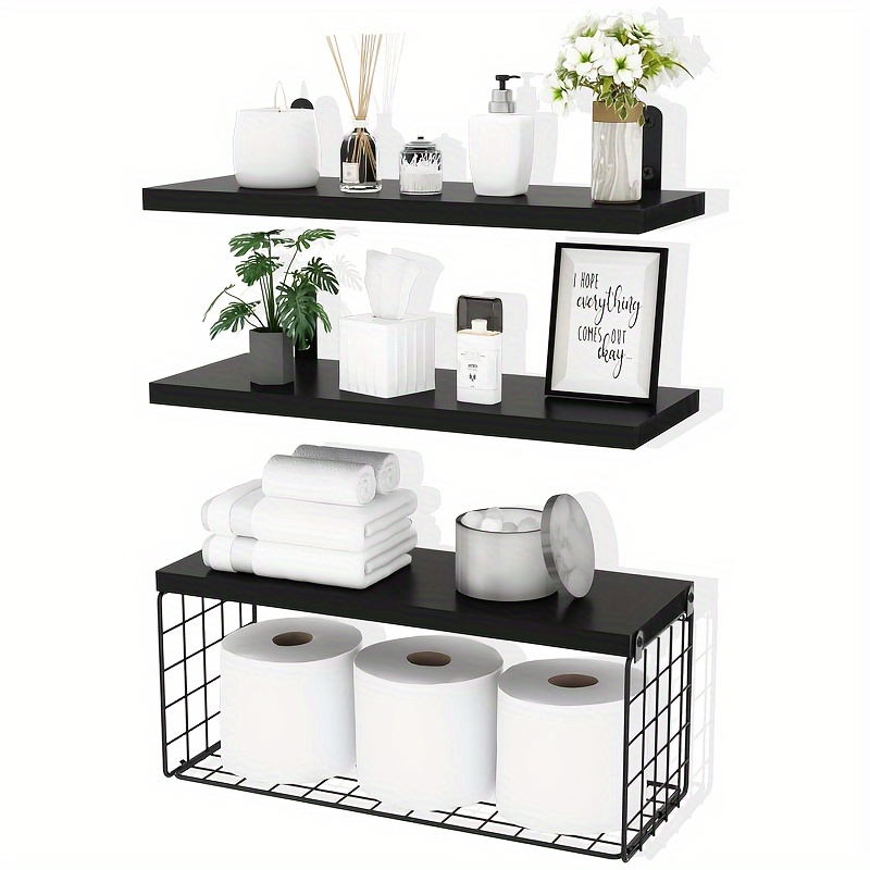 3pcs Floating Shelves With almacenamiento Baskets, ba&ntilde;o Shelves para Shower Wall, ba&ntilde;o Wooden Wall Shelves, Rural Decoration, Wall Mounted ba&ntilde;o Floating Shelves, ba&ntilde;o Accessories, ba&ntilde;o almacenamiento y Organization