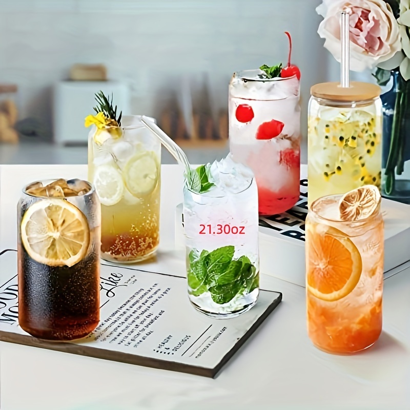 4pcs/set (1pc 630ML Water Cup +1pc Bamboo Lid + 1pc Glass Straw + 1pc Straw Brush) 21.3 Ounce (Approximately 603.8 Grams) High Borosilicate Drinking Cups, Cute Reusable Boba Bottles, Ice Coffee Cups, Tea, para Restaurant