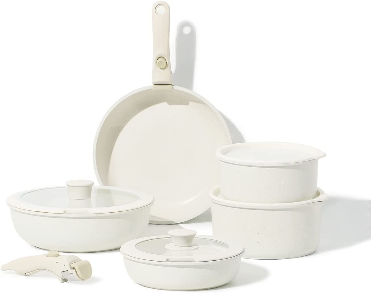 Juego de ollas y sartenes de 11 piezas, juego de utensilios de cocina antiadherentes con mango desmontable, juegos de utensilios de cocina de inducci&oacute;n antiadherente con mango extra&iacute;ble, juego de utensilios de cocina para RV, apto para horno