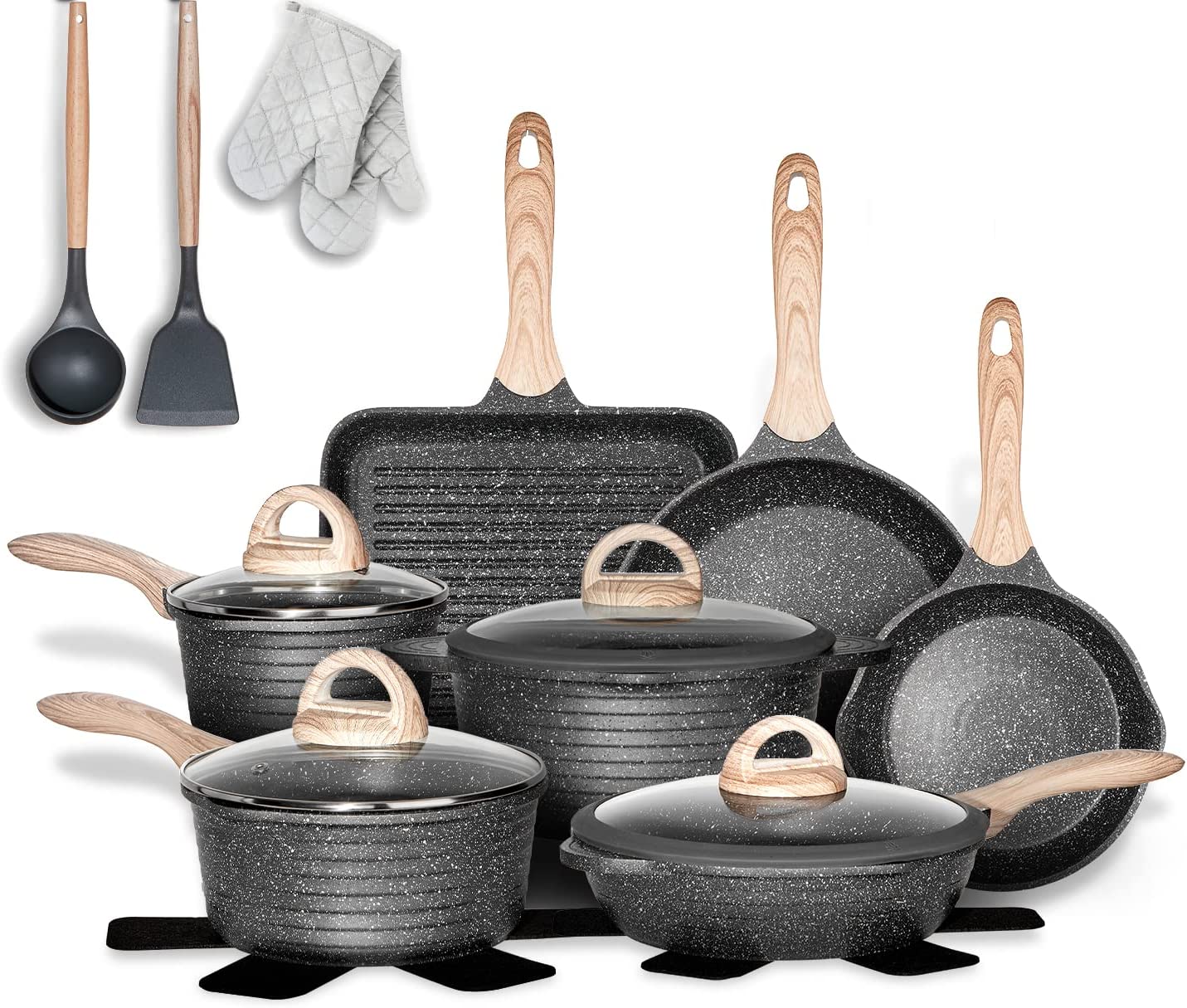 Juego de ollas y sartenes antiadherentes 20 piezas, juegos de utensilios de cocina con revestimiento de granito, compatible con sart&eacute;n, cacerola, sart&eacute;n para saltear, sart&eacute;n para parrilla, ollas de cocina, sin PFOA, (gris, juego de utensilios de c...