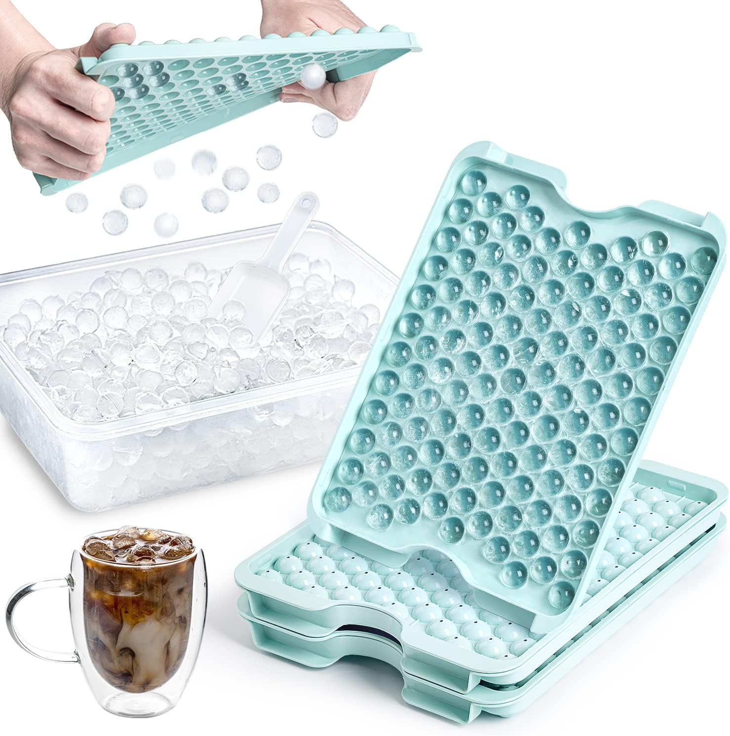 Combler Mini bandeja para cubitos de hielo con tapa y contenedor, bandejas para congelador, 3 paquetes, bandejas para cubitos de hielo redondas peque&ntilde;as mejoradas de 123 x 3 de f&aacute;cil liberaci&oacute;n, mini m&aacute;quina para hacer hielo, bandeja para hielo tr...
