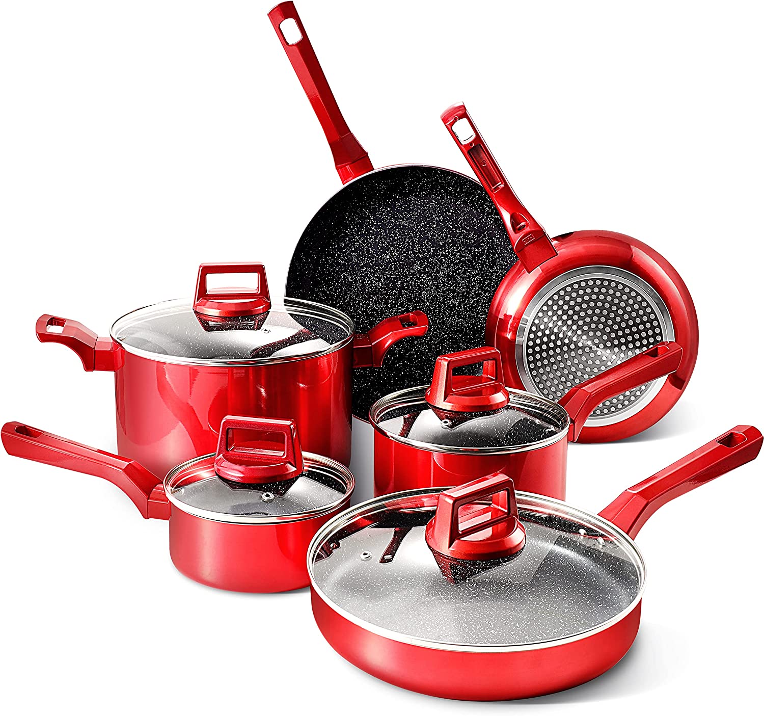 Juego de 10 ollas y sartenes, juego de utensilios de cocina antiadherentes, juego de sartenes de inducci&oacute;n, juegos de cocina sin qu&iacute;micos, cacerola, sart&eacute;n con tapa, sart&eacute;n, rojo