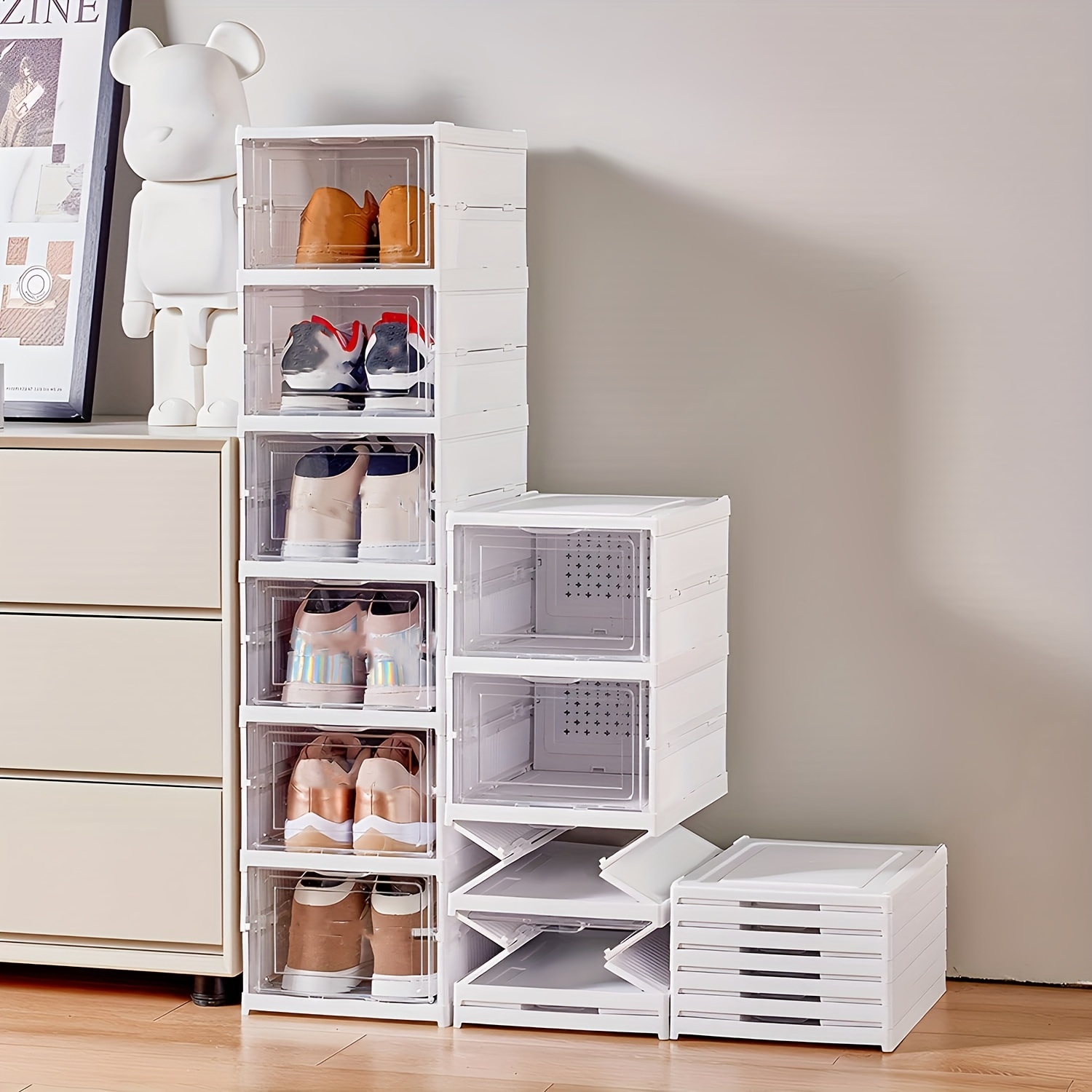 1 caja de zapatos transparente de 6 niveles con puerta, zapatero plegable apilable de combinaci&oacute;n libre, contenedor de pl&aacute;stico para zapatillas, organizador de almacenamiento para entrada, rec&aacute;mara, , dormitorio
