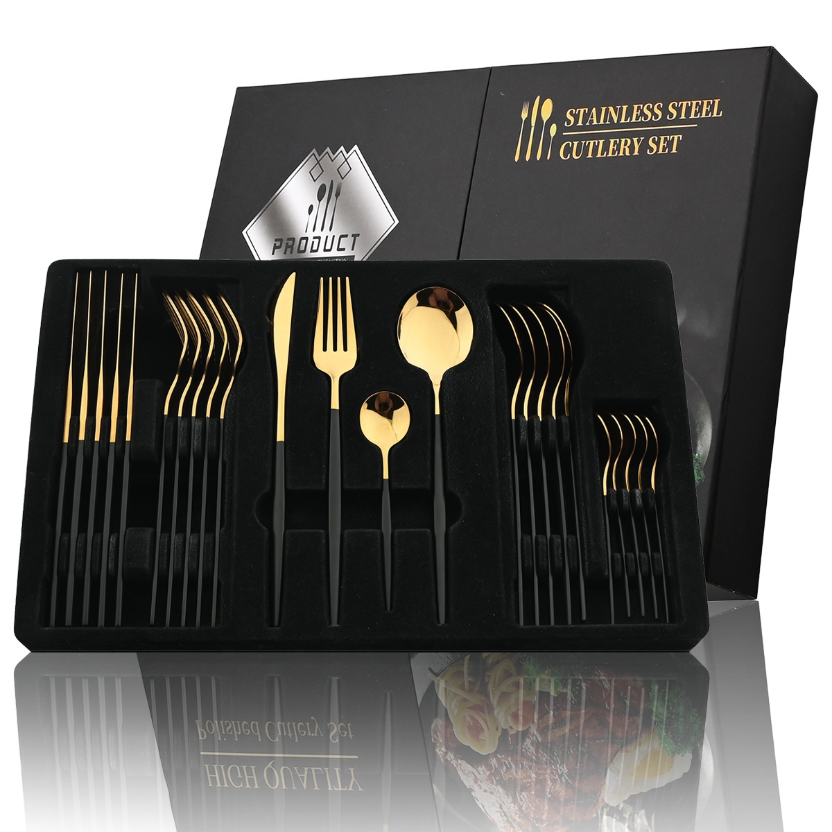 24Pcs Black Handle Golden Cutlery Set acero inoxidable Knife Fork Spoon Tableware Flatware Set Festival cocina Dinnerware Gift