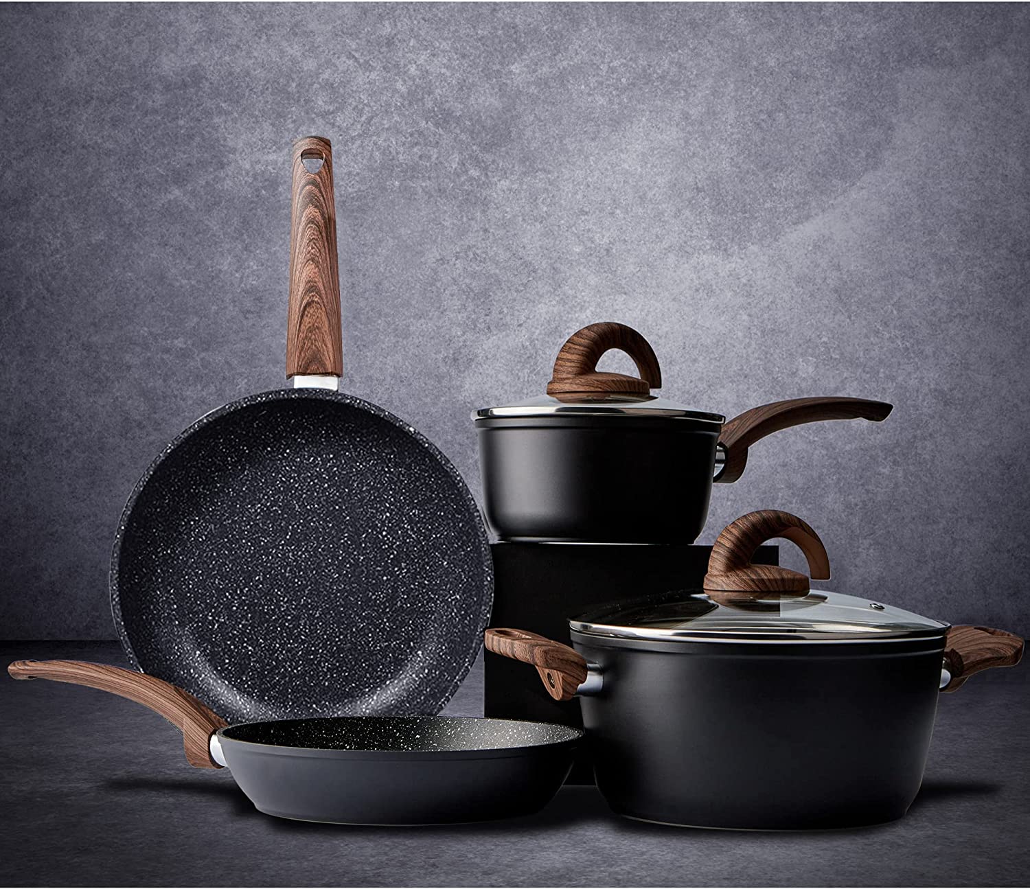 Juego de utensilios de cocina antiadherentes, juego de 6 sartenes con sartenes, apto para lavavajillas, negro