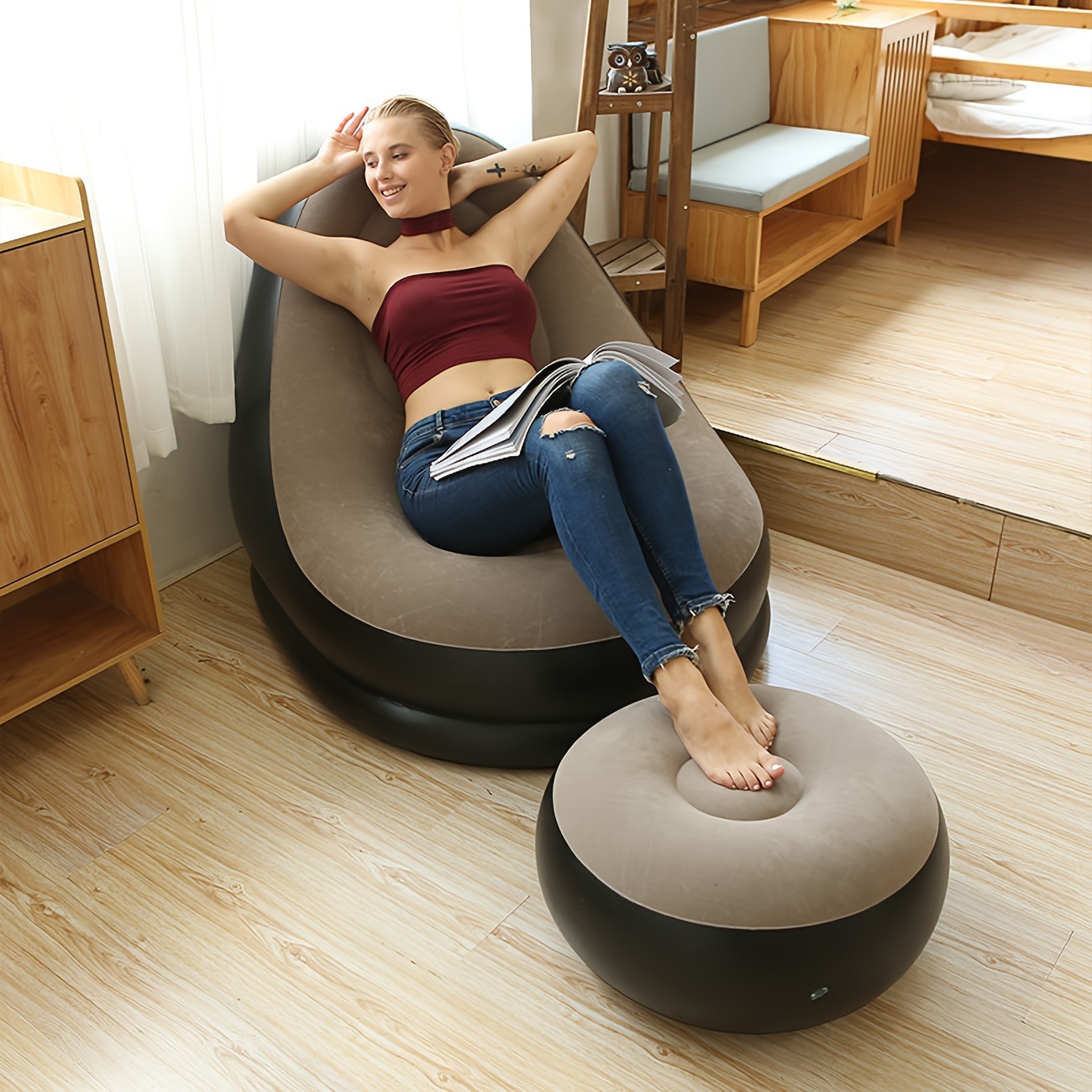 Sof&aacute; inflable perezoso grueso, reclinable plegable para exteriores con Pedal, combinaci&oacute;n de sof&aacute; cama, sof&aacute; cama flocado, 1 ud.