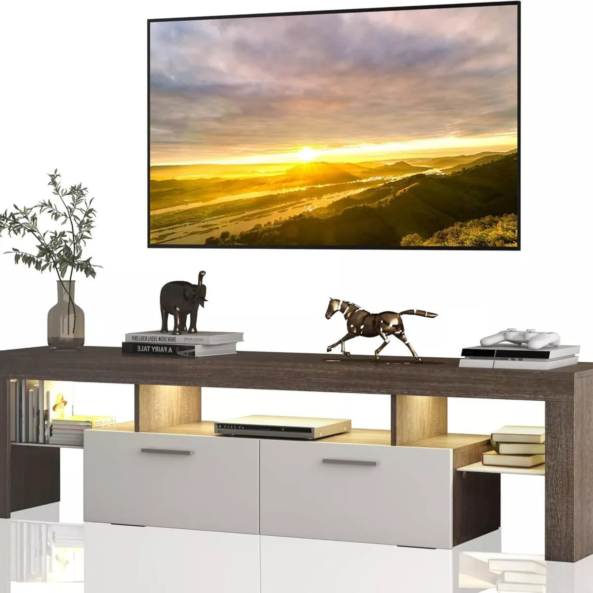 Mueble Para Tv 2 Cajones Y Luces Led Hasta 75 Pulgadas color Caf&eacute;/blanco
