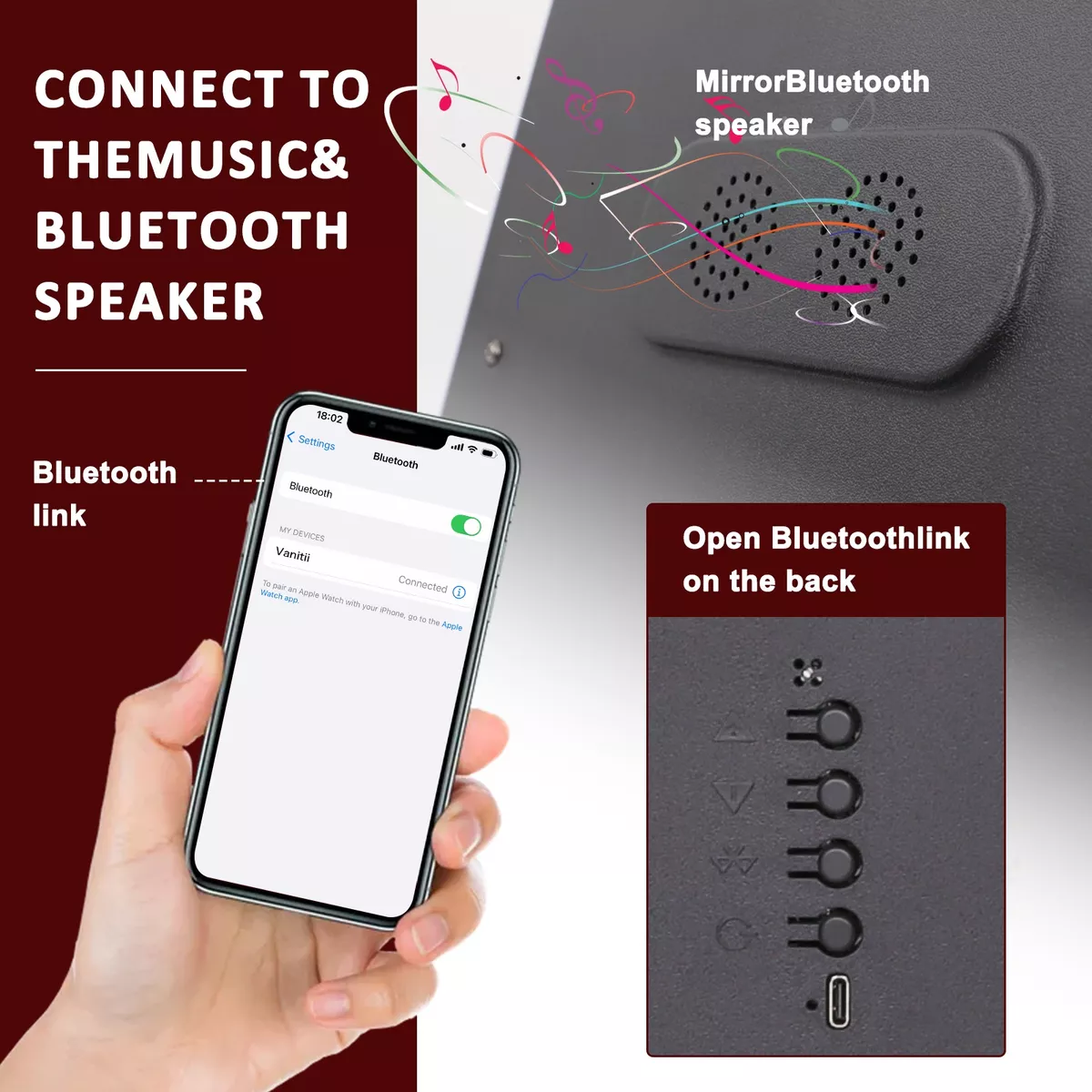 Espejo Maquillaje Vanitii Hollywood Bluetooth 12 Led Focos