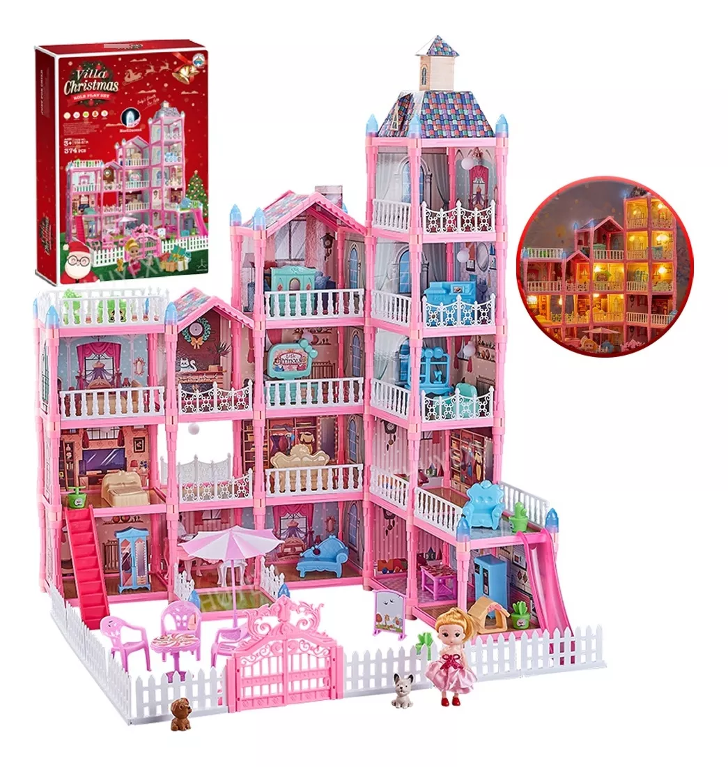 Casa De Mu&ntilde;ecas Ni&ntilde;a Rosa Con Tobog&aacute;n De Luz Led Y Mu&ntilde;eca