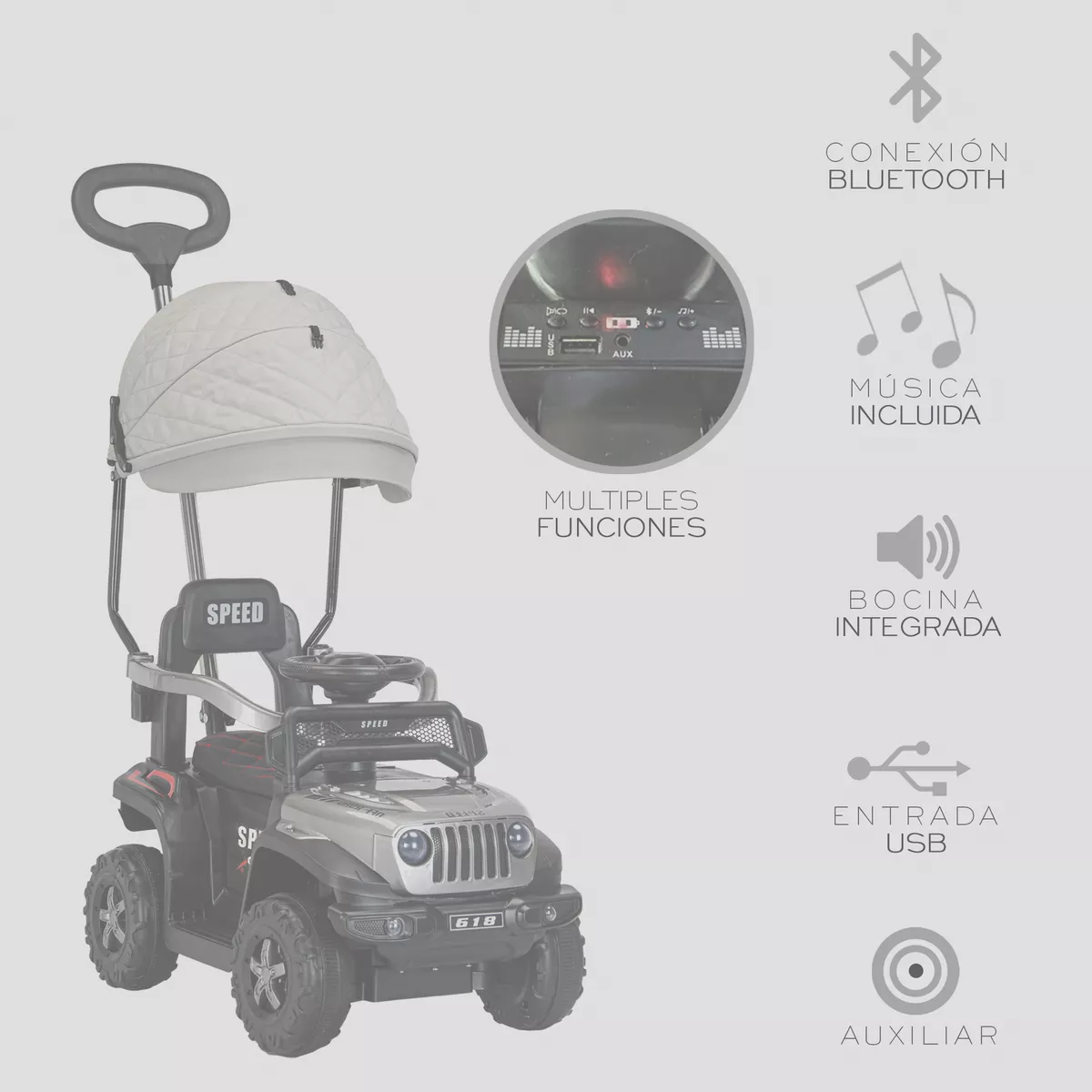 Carrito Montable Sombrilla Push auto Luces Y Sonido Niño