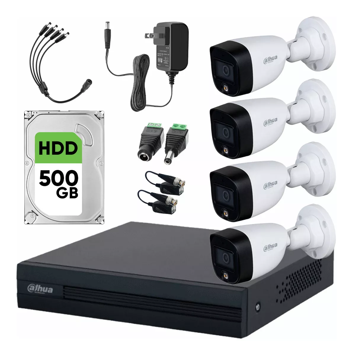 kit Videovigilancia Cronos 4 C&aacute;maras Dahua Bala HFW1209C 2MP Full color + Disco Duro 500 Gb + Baluns + Accesorios-kit CCTV DH-KITCOLOR-PLUS2N (DVR XVR1B04-I Circuito Cerrado)