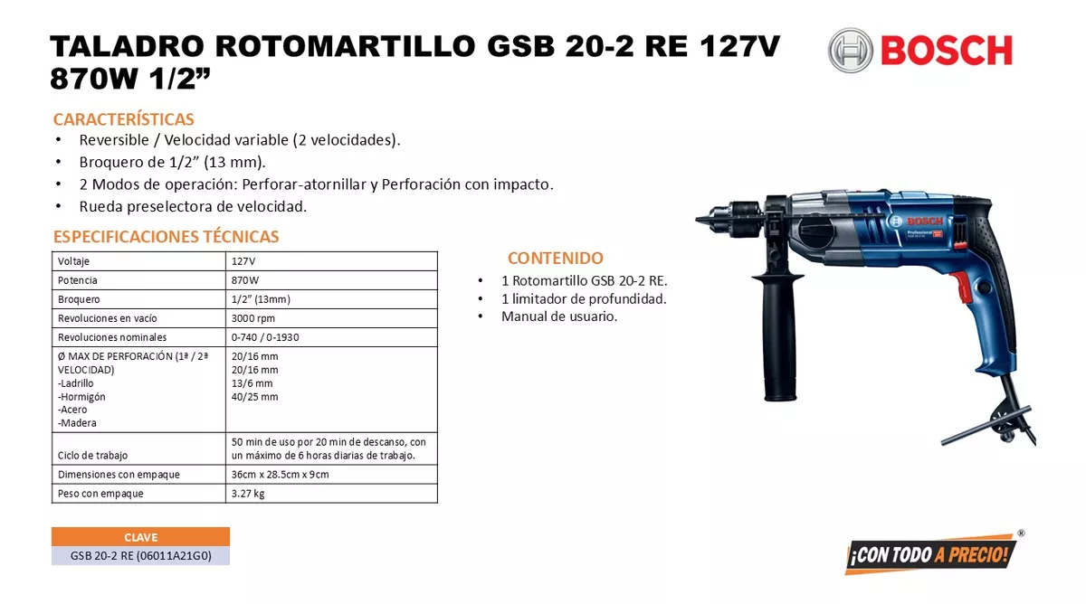 Taladro Rotomartillo 1/2 Bosch Gsb 20-2 Re + Juego De Brocas