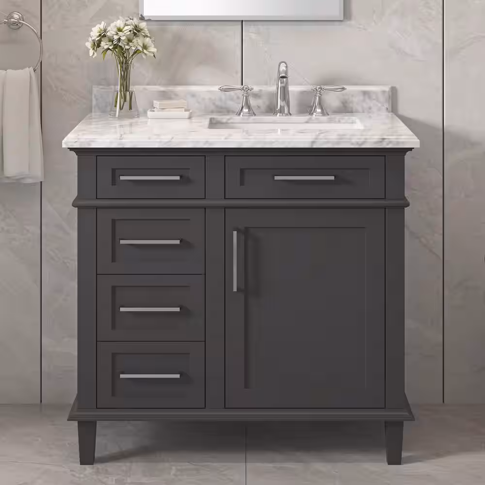 Decorators Collection Sonoma tocador de baño de carbón oscuro con lavabo individual de 36 pulgadas con tapa de mármol de Carrara (ensamblado) 8105100270