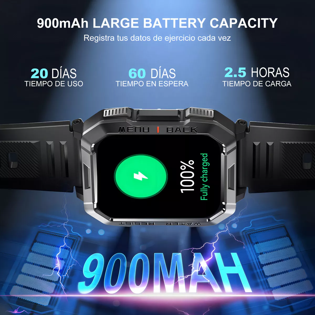 Feipuqu SmartWatch Reloj Inteligente W60 Negro De 2.1 Smart reloj Pulgadas Hombre Militar Linterna Bluetooth Ip68 Resistente Al Agua Batería De 900 Mah