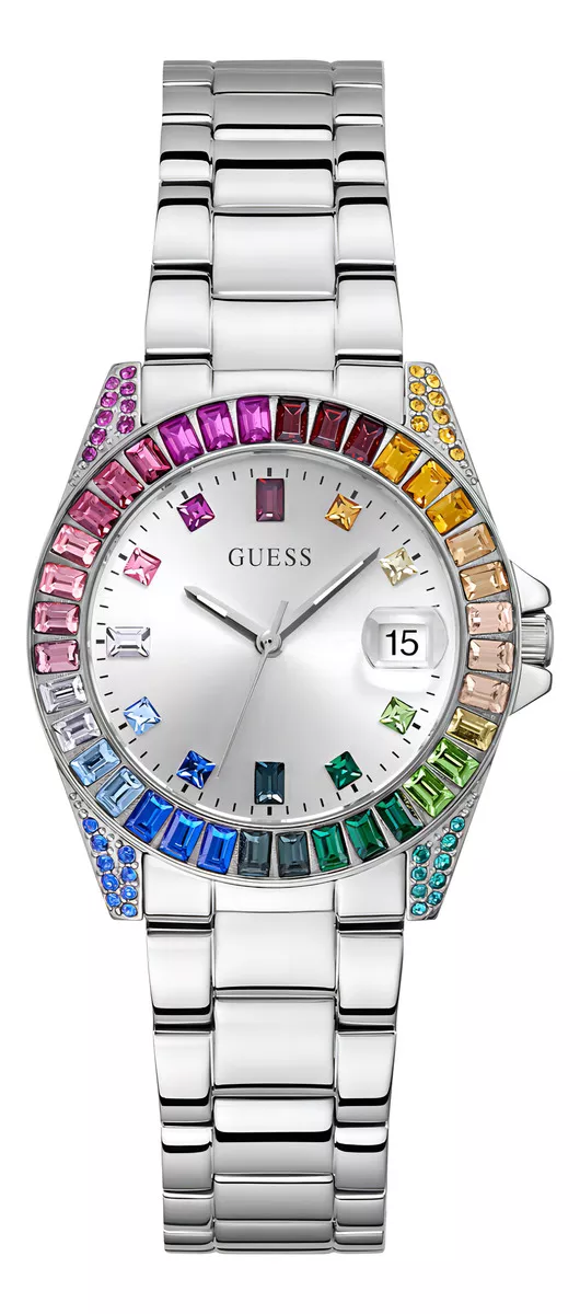Reloj Pulsera Guess Gw0475l4 Con Correa De Acero Inoxidable color Plateado-Bisel Arco&iacute;ris