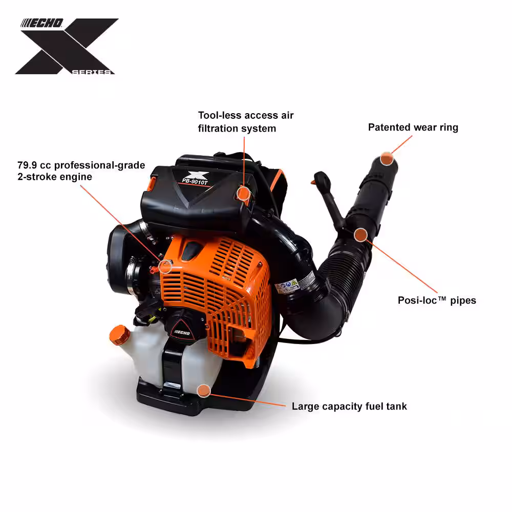 ECHO 220 MPH 1110 CFM 79.9 cc Gas 2 tiempos Serie X soplador de mochila con acelerador montado en tubo PB-9010T