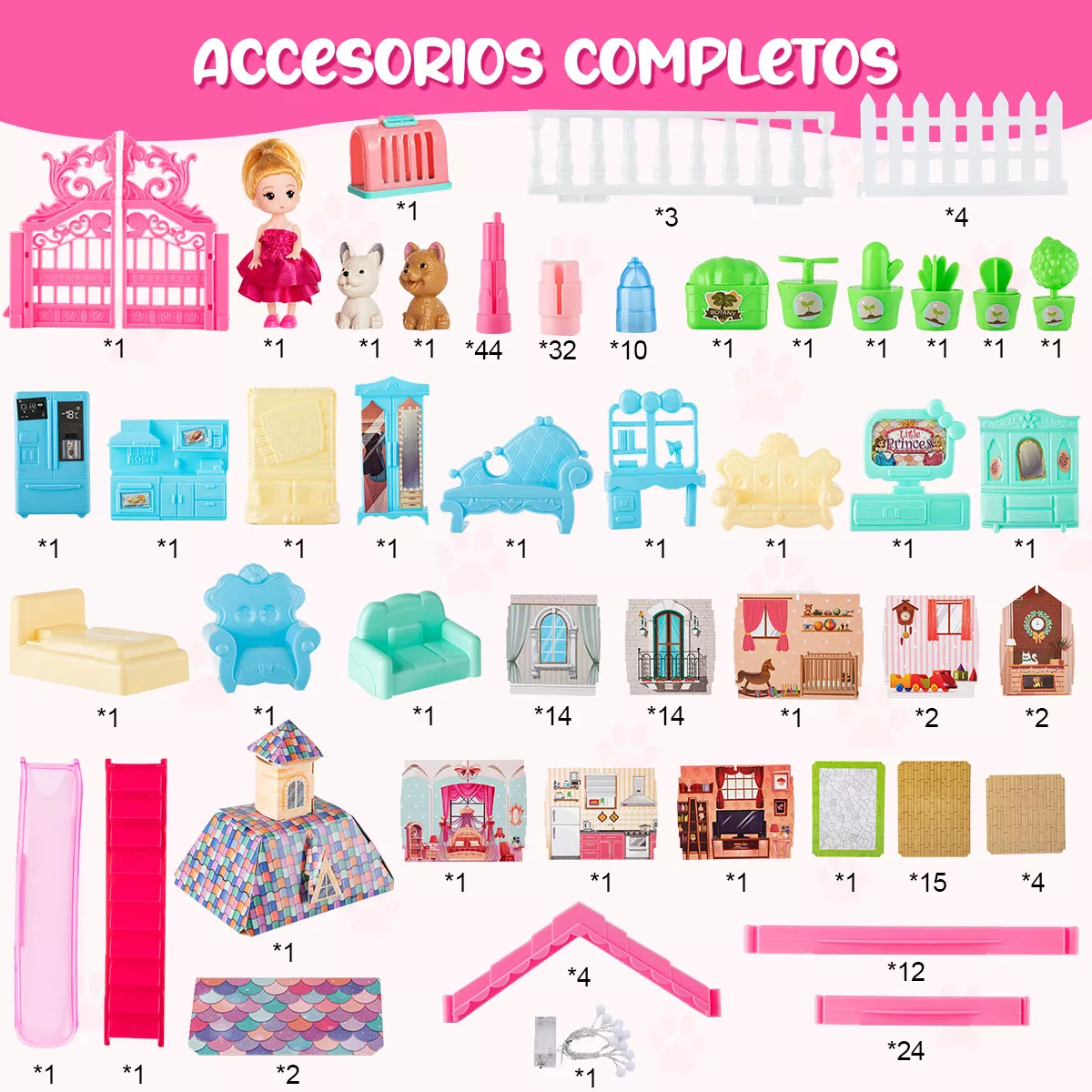Casa De Muñecas Niña Con Tobogán Y Luz Led 192pcs 8 Espacios