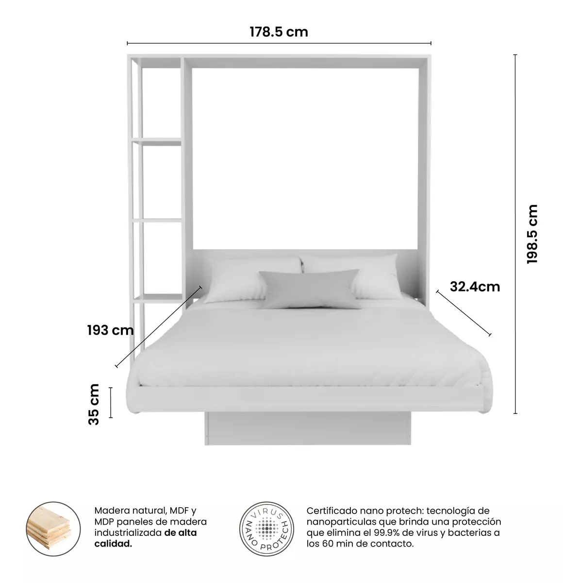 Base Cama Abatible Matrimonial Esencial Plegable Amant Pared