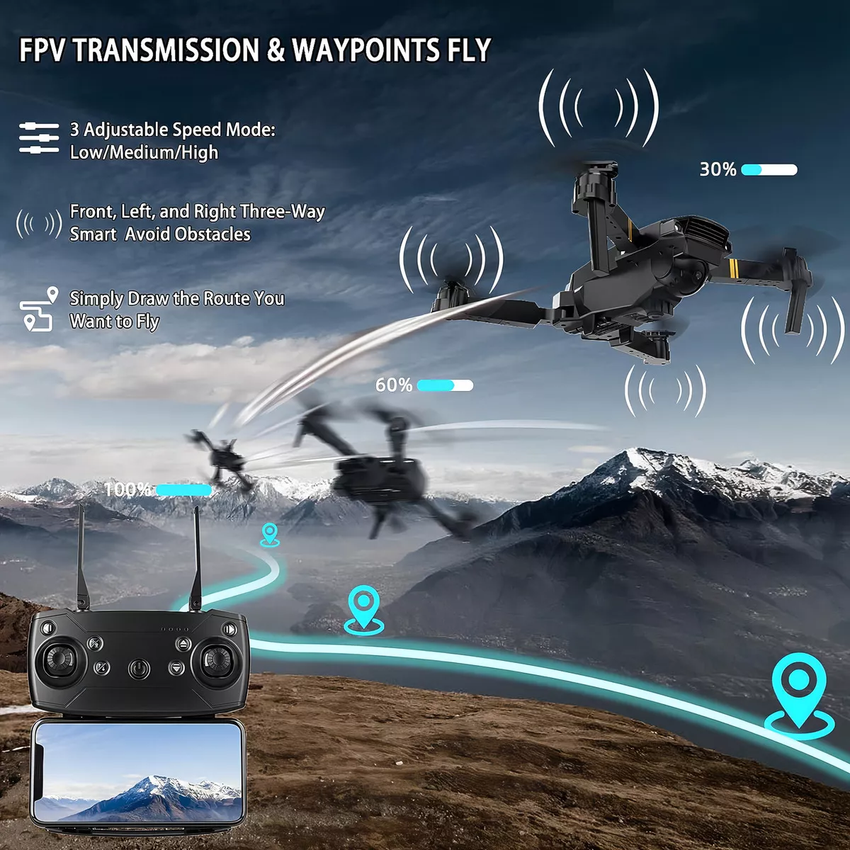 Mini drone Jazimerch 4k E58 Dual camera con dual cámara 4K negro 2.4GHz 3 baterías