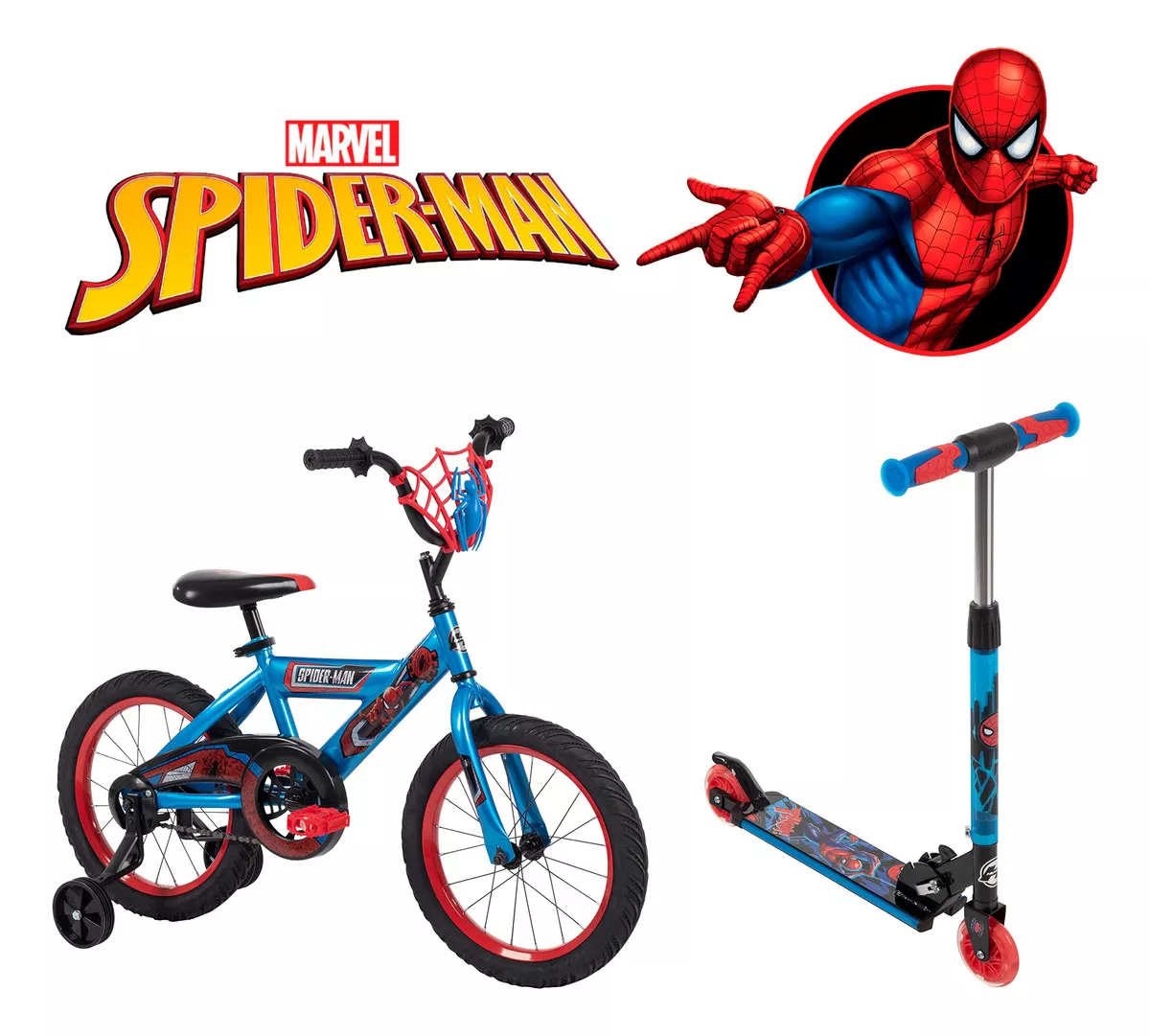 Bicicleta Spiderman Huffy Marvel R16 color Azul Con Scooter Led
