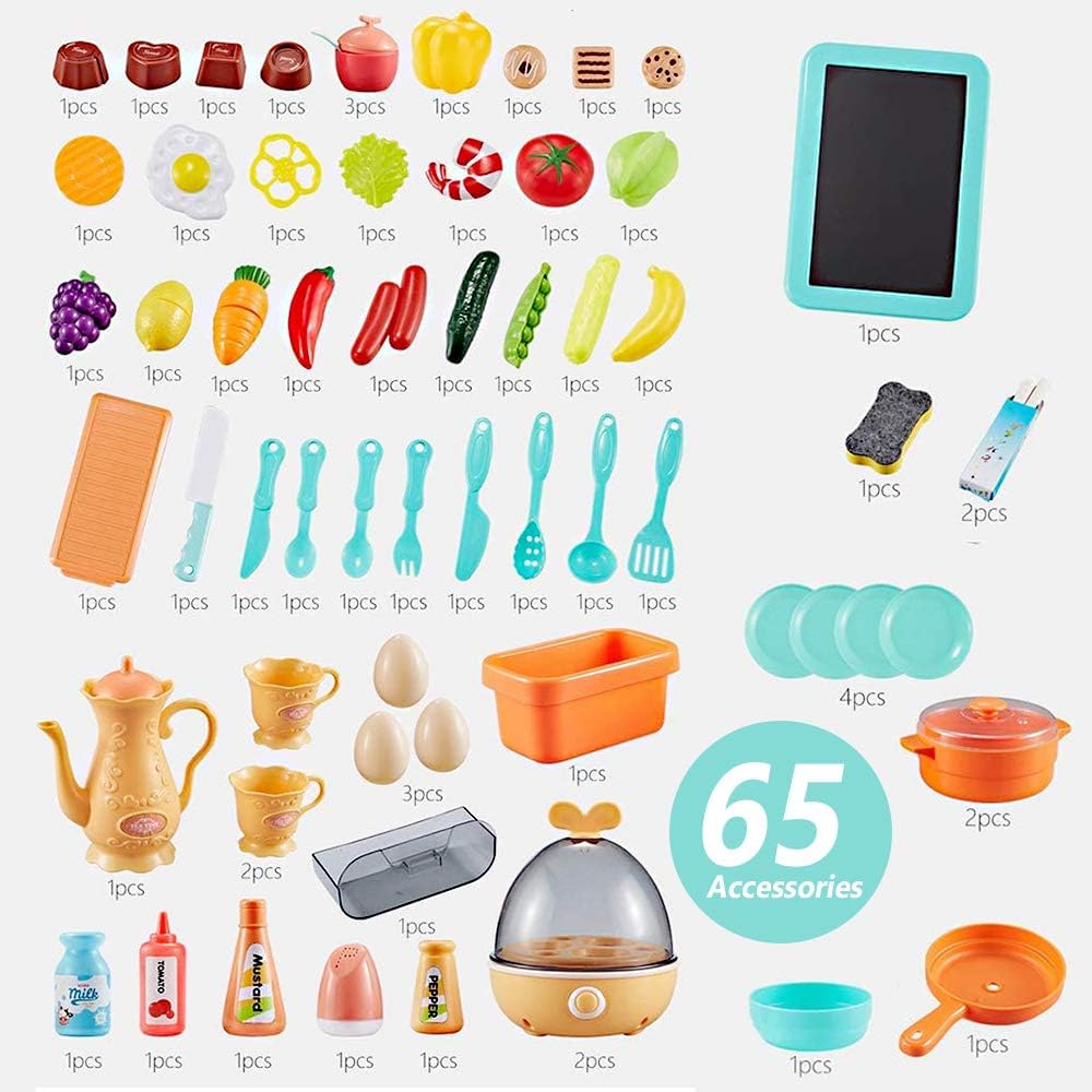 E T EASYTAO Cocina de Juguete para Nios de 65 Piezas con Humo, Luz, Sonido y Grifo para Salir Agua, Juguete Infantil Divertido, Juego de Roles, Regalo para D&iacute;a del Nio （Altura: 93cm)
