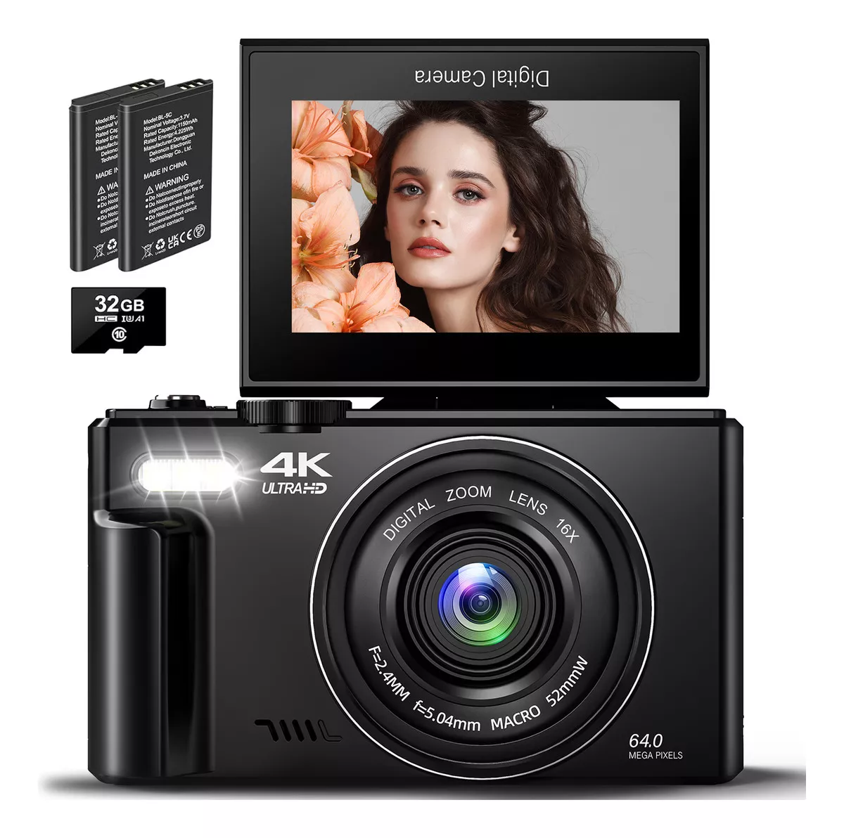 C&aacute;mara Digital 4k 64mp C&aacute;mara Vlog Con Tarjeta Sd, 2 Pilas C&aacute;mara Digital 4k 64mp +32gb Webcam Filtros Principiantes