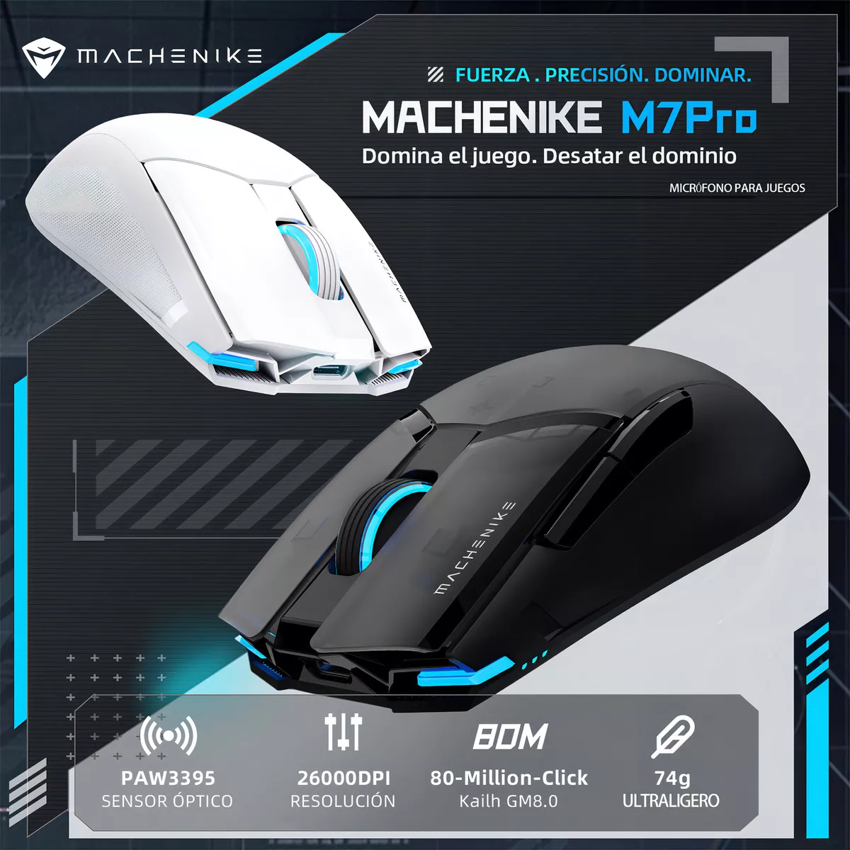 Mouse Gamer Inalámbrico Machenike M7pro Negro Paw3395 26000 Dpi-Two Modo Conexión (usb 2.4ghz Receiver + Con Cable)